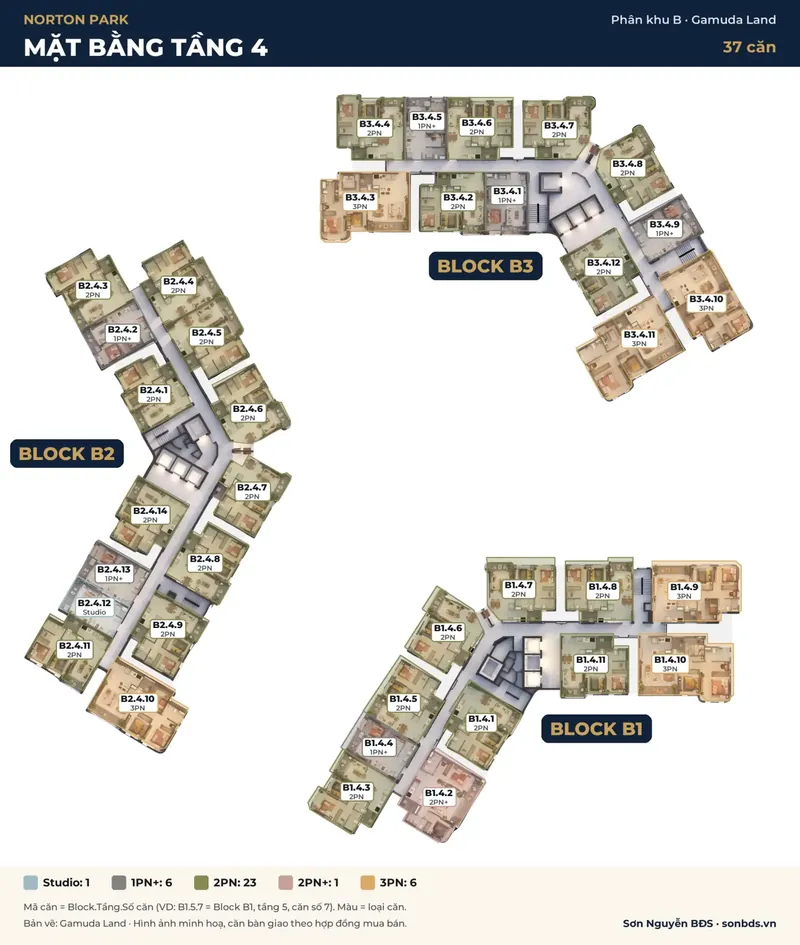 Mặt bằng Norton Park tầng 4 phân khu B: mã căn tòa B1, B2, B3