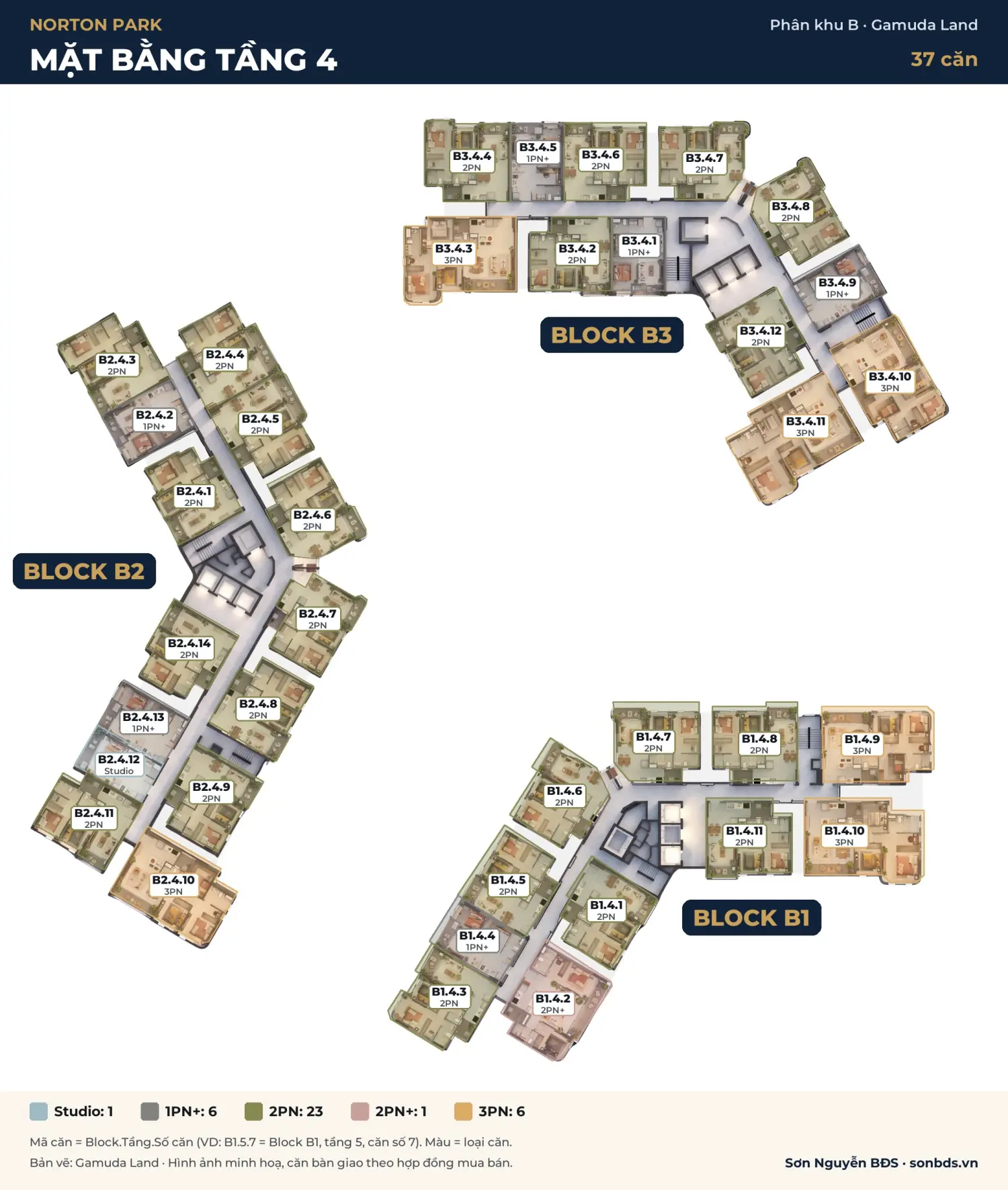 Mặt bằng Norton Park tầng 4 phân khu B: 37 căn tòa B1, B2, B3 có mã căn và loại căn