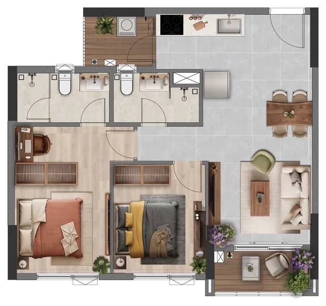 Mặt bằng 3D căn 2PN Norton Park mã B1.3b, 72,65 m² tim tường