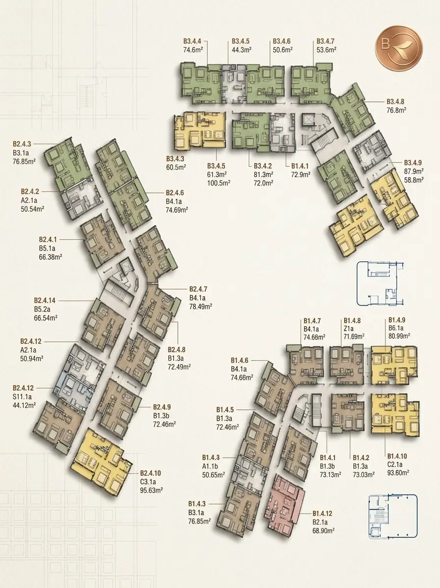 Mặt bằng tầng 4 phân khu B Norton Park với ba tháp B1, B2, B3 và vị trí từng mã căn