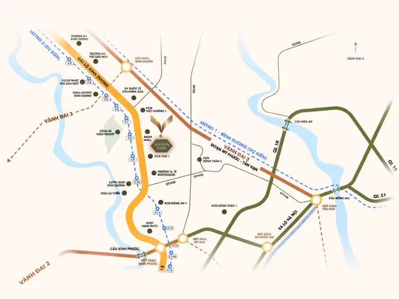 Sơ đồ vị trí Norton Park trên Đại lộ Bình Dương, cạnh AEON Mall, VSIP 1, sân golf Sông Bé