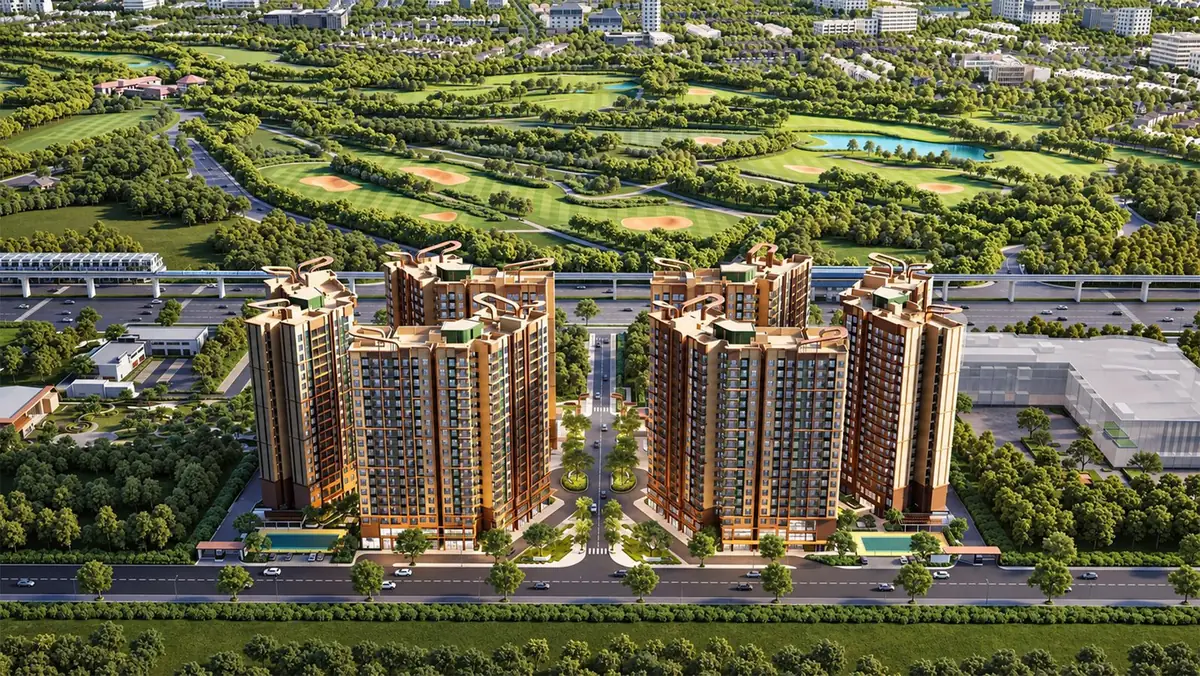 Phối cảnh toàn khu Norton Park nhìn từ trên cao, sân golf phía trước và tuyến metro dự kiến