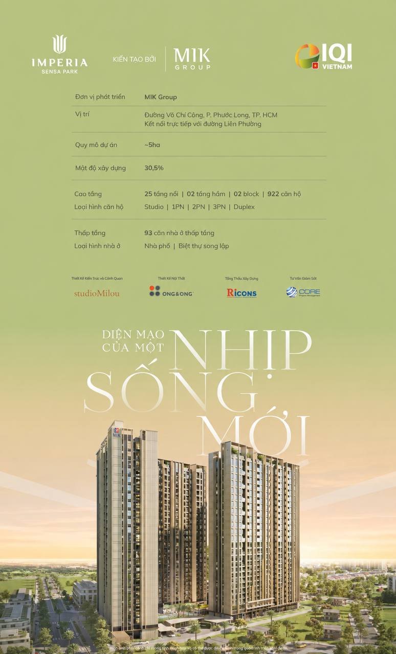 Bảng thông số Imperia Sensa Park: 5ha, mật độ 30,5%, 25 tầng nổi, 2 tầng hầm, 2 block, 922 căn hộ, 93 căn thấp tầng