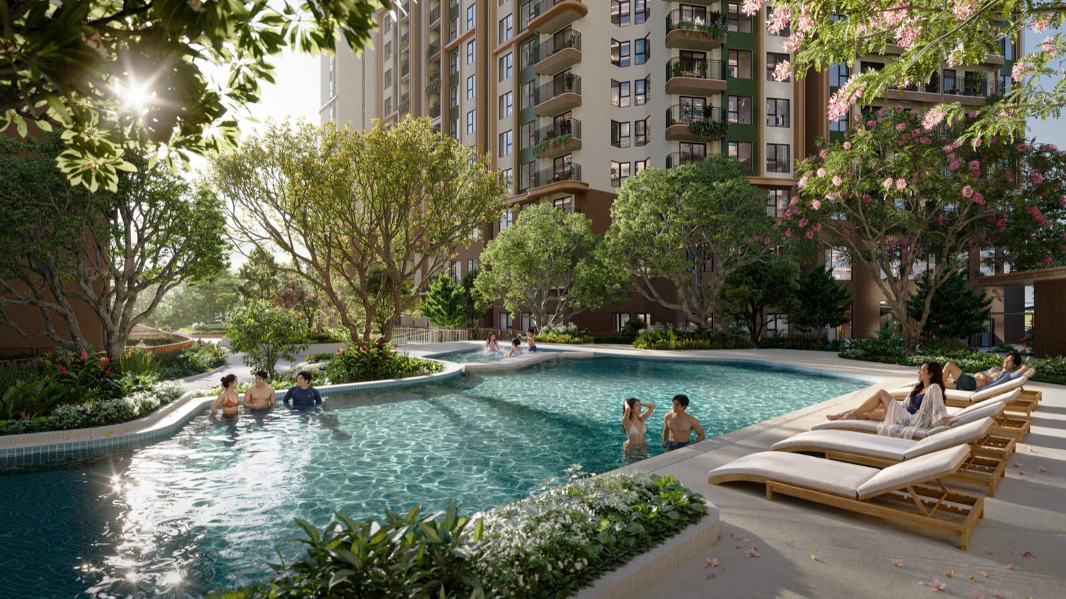 Phối cảnh hồ bơi nội khu Norton Park giữa cây xanh