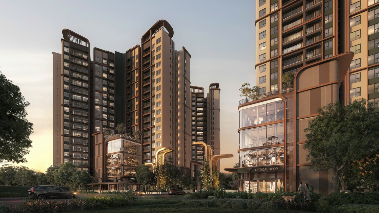 Phối cảnh mặt tiền Norton Park với dãy shophouse khối đế và trục thương mại nội khu