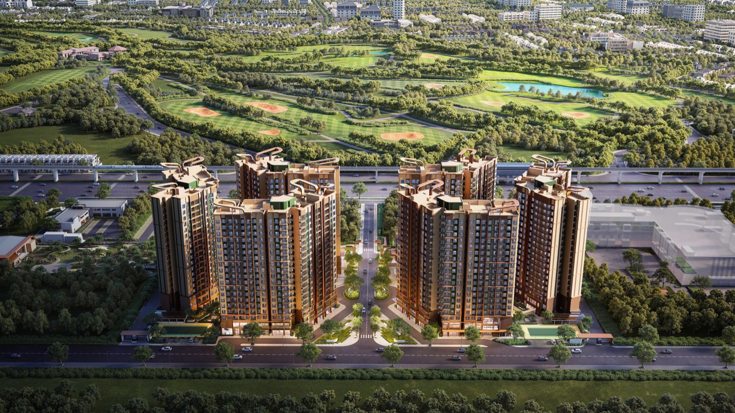 Phối cảnh toàn cảnh Norton Park Gamuda Land: 6 tòa 19 tầng chia hai phân khu, mặt tiền Quốc lộ 13, sân golf phía sau