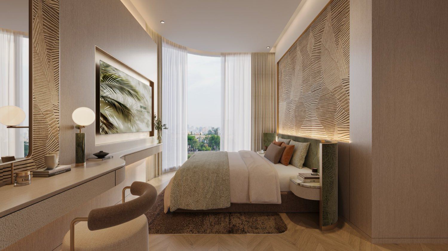 Phòng ngủ chính căn 2 phòng ngủ Palm River, cửa kính cao sát trần nhìn ra cây xanh