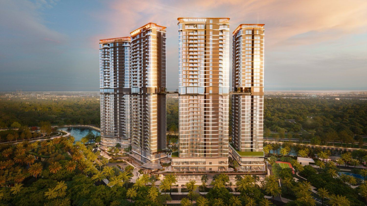 Mặt đứng bốn tháp Palm River lúc hoàng hôn, khối đế thương mại sáng đèn