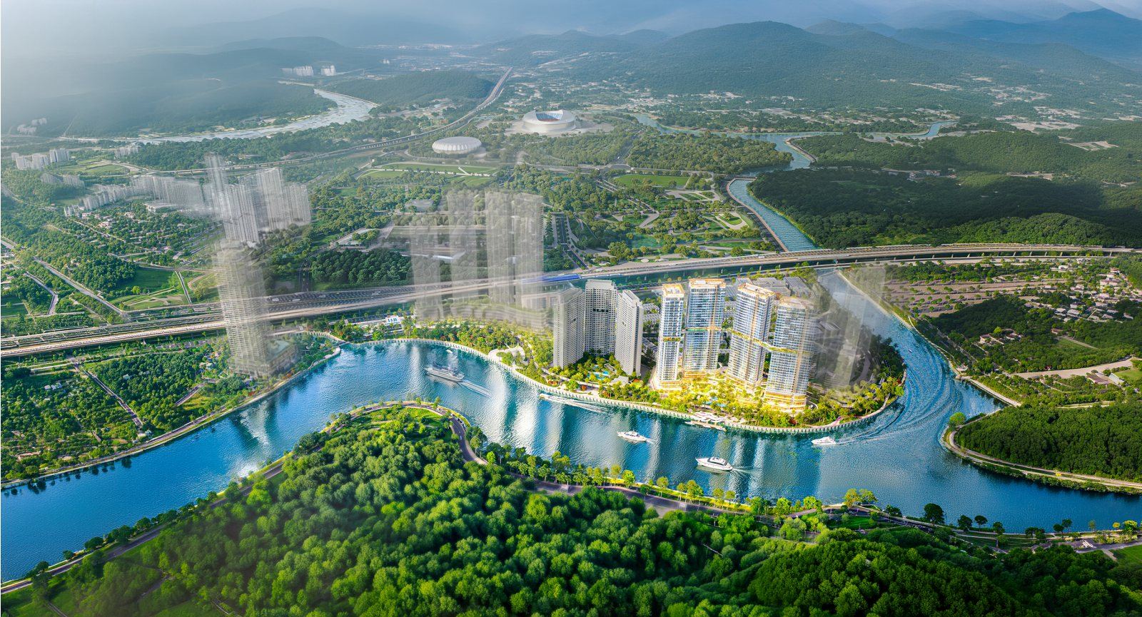 Phối cảnh tổng thể Palm River trong khu đô thị Palm City, bốn tháp bên sông
