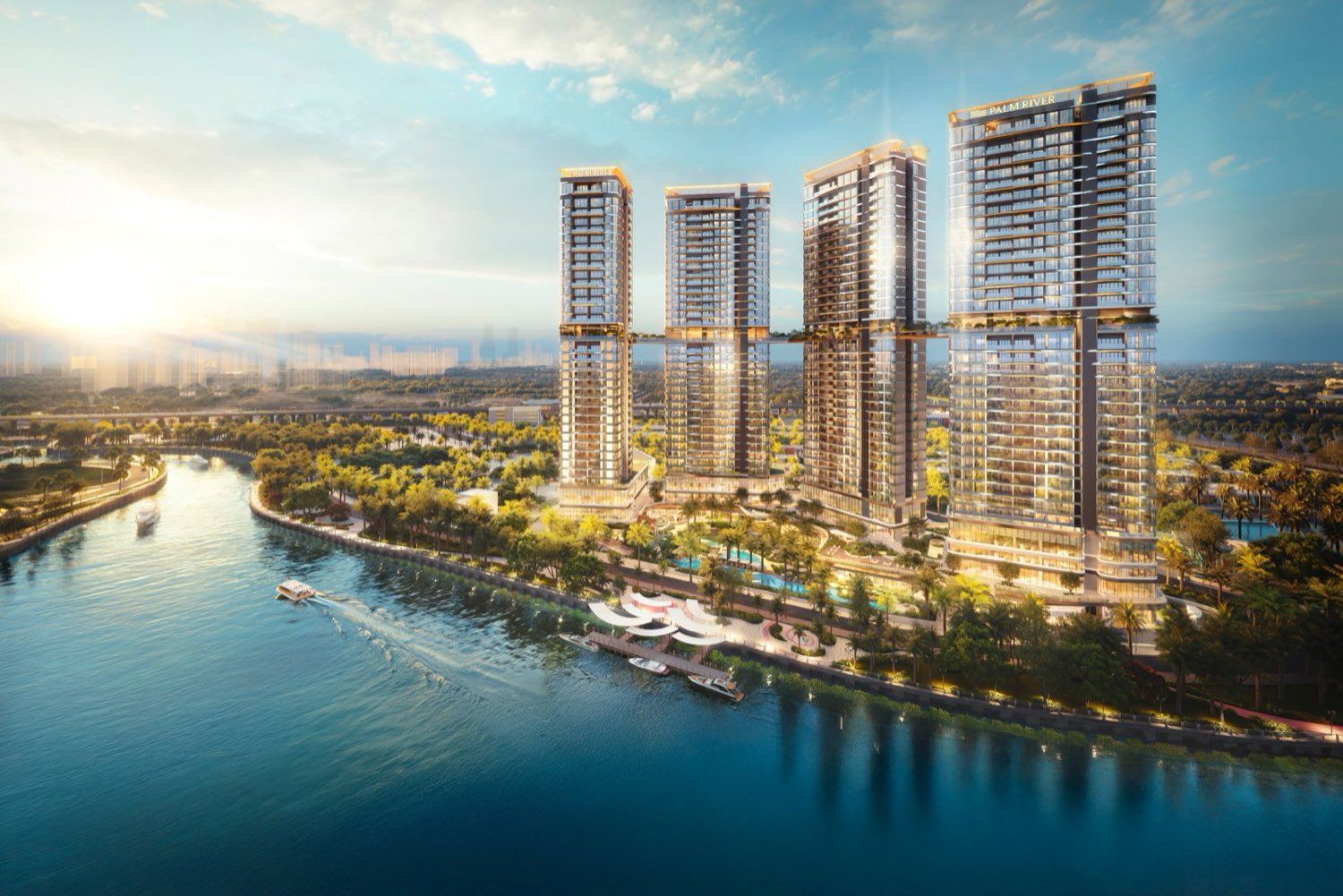 Phối cảnh bốn tháp Palm River nhìn từ phía sông, có công viên ven sông và hồ bơi