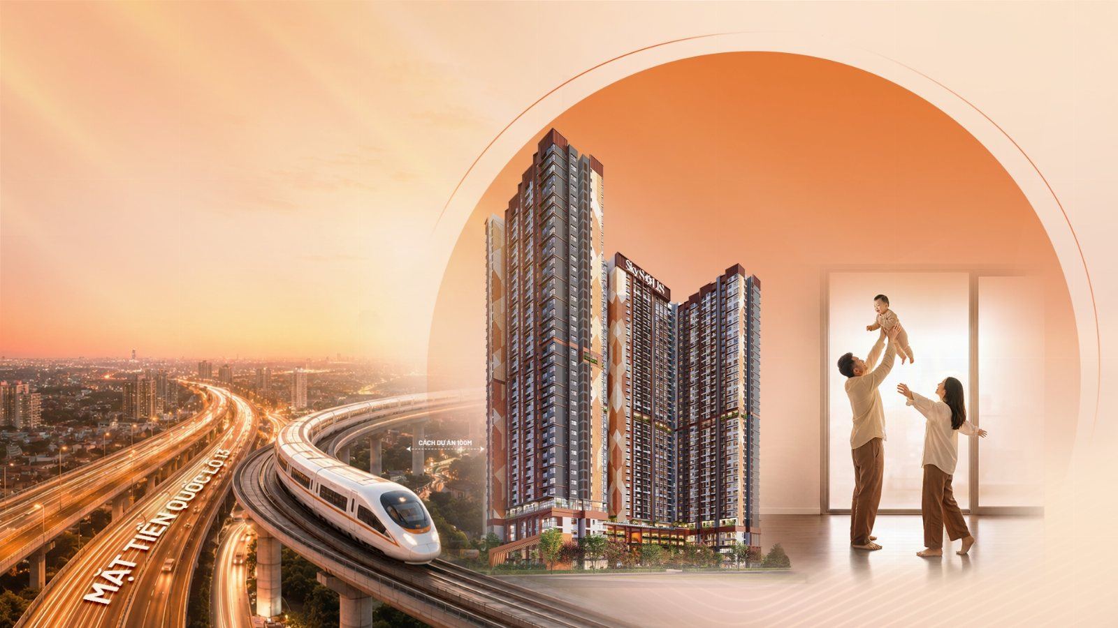 Phối cảnh tổng thể Sky Solis mặt tiền Quốc lộ 13, ba tháp Alba Helio Lyra