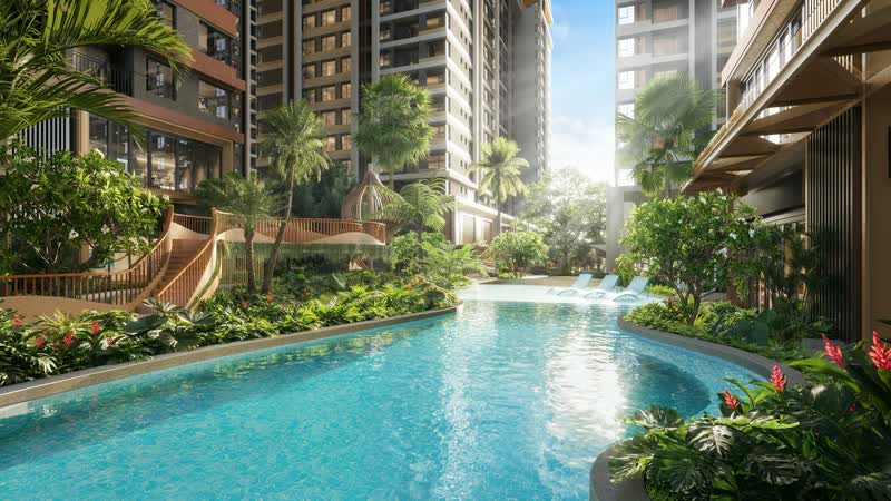 Hồ thủy lực giữa vườn nhiệt đới, các tòa tháp Monrei Saigon phía sau