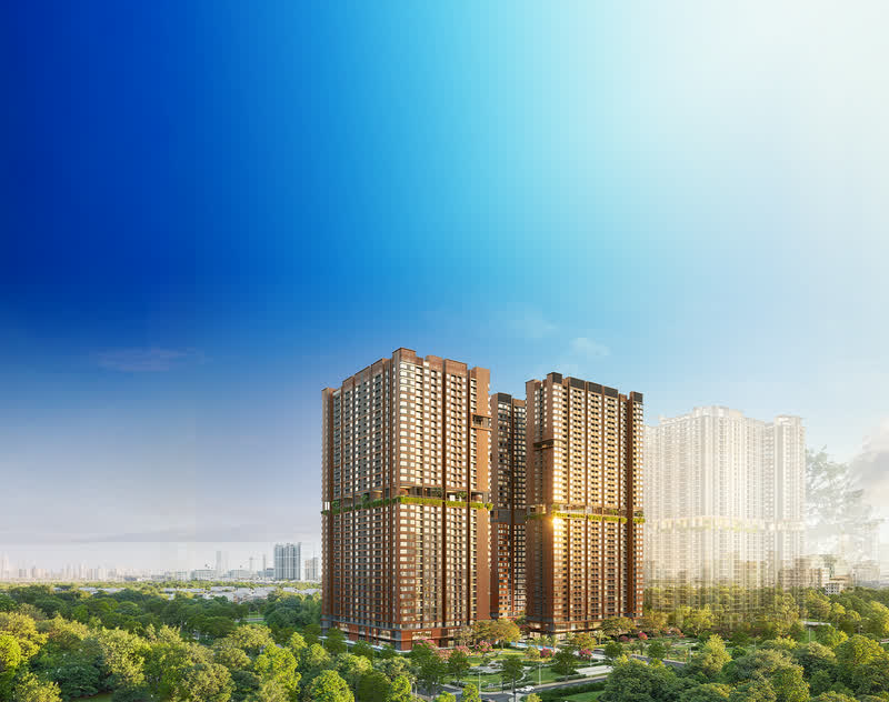 Phối cảnh các tòa tháp Monrei Saigon giữa mảng xanh, nền trời xanh