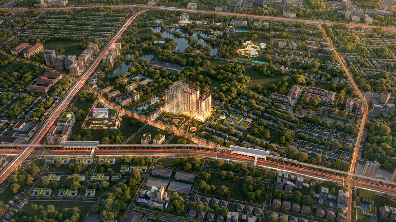 Phối cảnh Monrei Saigon nhìn từ trên cao giữa khu dân cư Thuận Giao, đường lớn phía trước