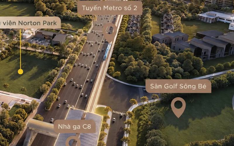 Tuyến metro số 2 và nhà ga C8 trước Norton Park, đối diện sân golf Sông Bé