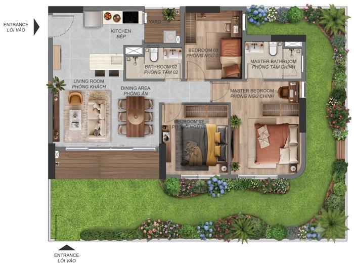 Mặt bằng căn hộ Norton Park 3PN sân vườn C3.1c 95,44 m²