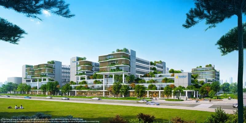 Phối cảnh Bệnh viện Đa khoa Quốc tế Vinmec tại Vinhomes Green Paradise Cần Giờ, khối nhà phủ cây xanh nhiều tầng, bãi cỏ phía trước