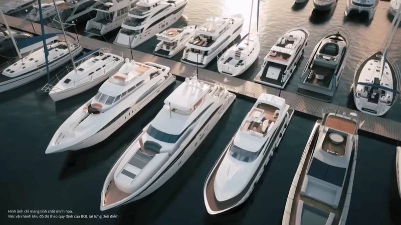 Phối cảnh bến du thuyền Landmark Harbour ở Vinhomes Green Paradise Cần Giờ, du thuyền trắng neo dọc cầu cảng