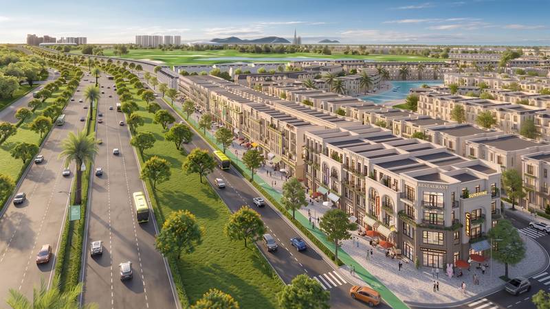 Phối cảnh dãy nhà liền kề bốn tầng dọc đại lộ ở Vinhomes Green Paradise Cần Giờ nhìn từ trên cao, dải cây xanh và làn xe buýt giữa đường