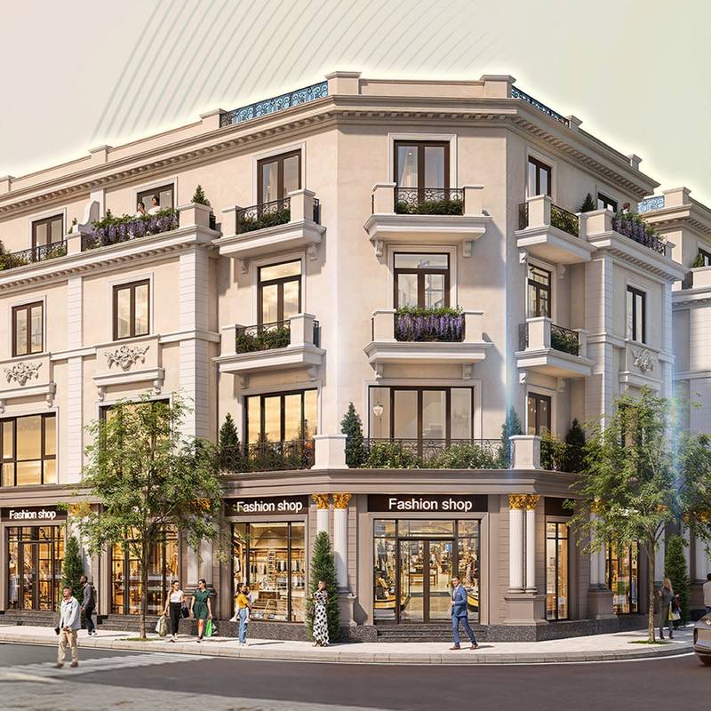 Phối cảnh căn liền kề góc phố khu Vịnh Tiên, Vinhomes Green Paradise: mặt tiền châu Âu màu kem bốn tầng, tầng trệt cửa hàng thời trang