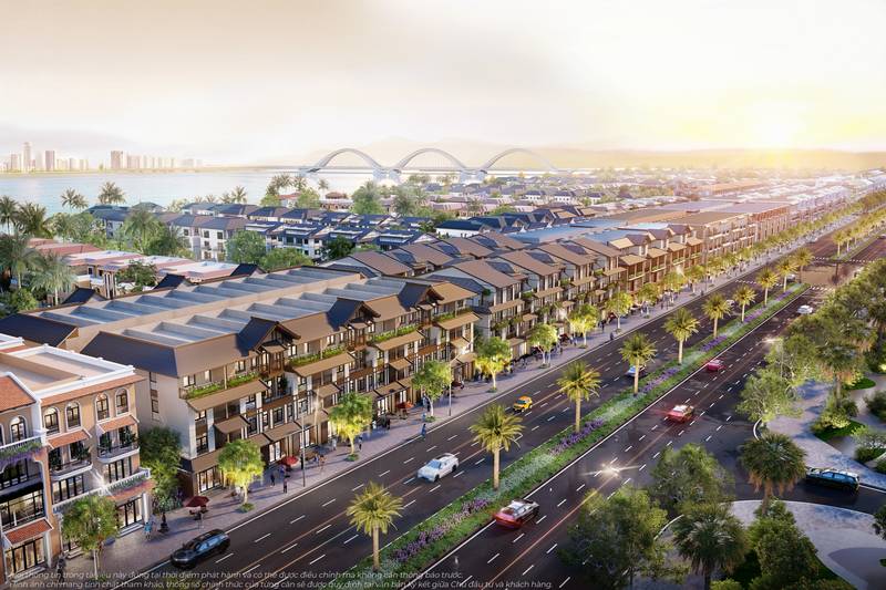 Phối cảnh trục đường Tương Lai ở Vinhomes Green Paradise nhìn từ trên cao: dải cây giữa đường, hai dãy liền kề – nhà phố, cầu vòm phía xa