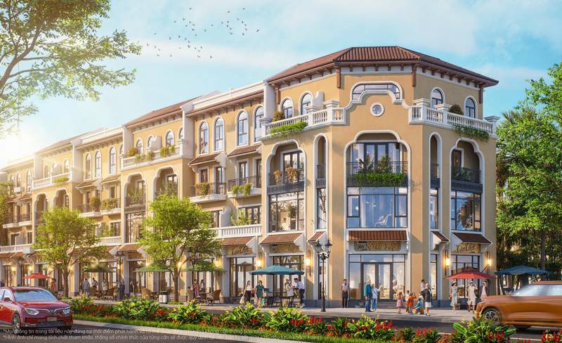 Dãy nhà liền kề phong cách Indochine màu vàng ở khu Vịnh Ngọc, Vinhomes Green Paradise Cần Giờ