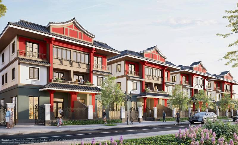 Dãy nhà liền kề phong cách Nhật Bản tường trắng, khung đỏ ở khu Vịnh Ngọc, Vinhomes Green Paradise