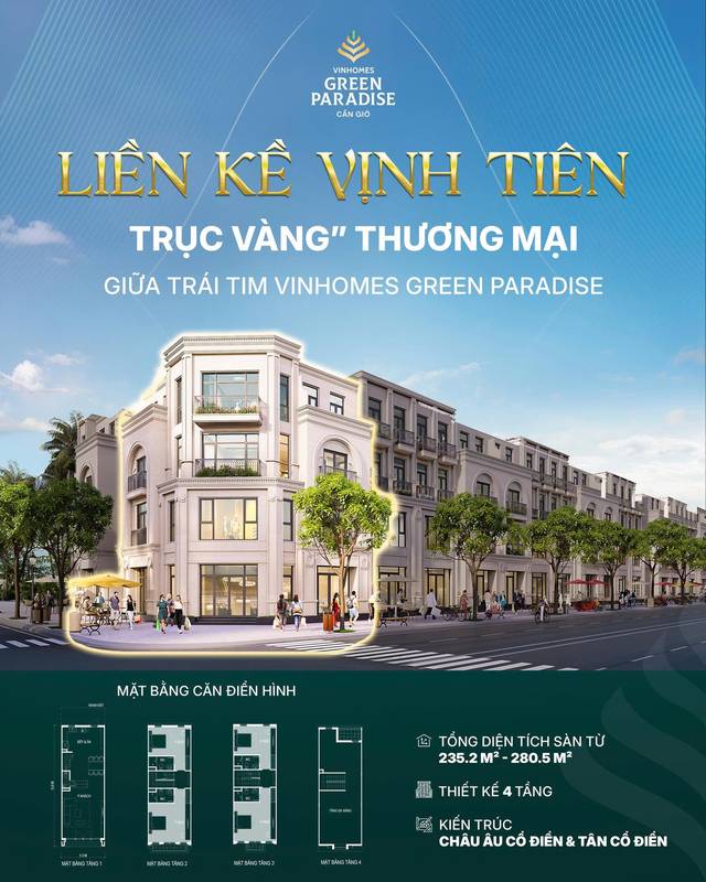 Ấn phẩm chủ đầu tư nhà liền kề Vịnh Tiên, Vinhomes Green Paradise: phối cảnh căn góc kiến trúc châu Âu và mặt bằng căn điển hình 4 tầng, tổng diện tích sàn 235,2–280,5 m²