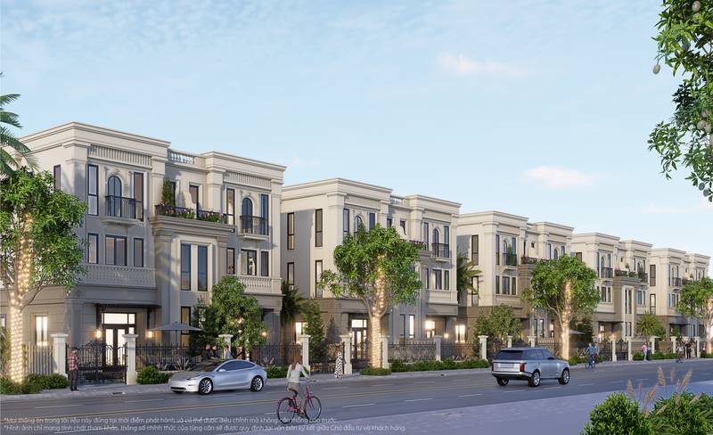 Dãy nhà liền kề tân cổ điển màu xám tro ở khu Vịnh Tiên, Vinhomes Green Paradise Cần Giờ, vỉa hè rộng, người đạp xe