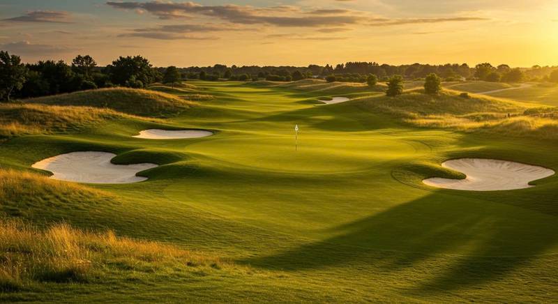 Phối cảnh sân golf East – Sunrise lúc bình minh ở Vinhomes Green Paradise Cần Giờ, đường golf xanh xen hố cát