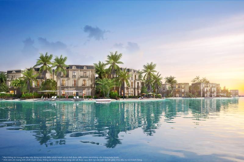 Biệt thự song lập mặt biển hồ ở khu Vịnh Tiên, Vinhomes Green Paradise Cần Giờ, mặt nước phẳng phản chiếu