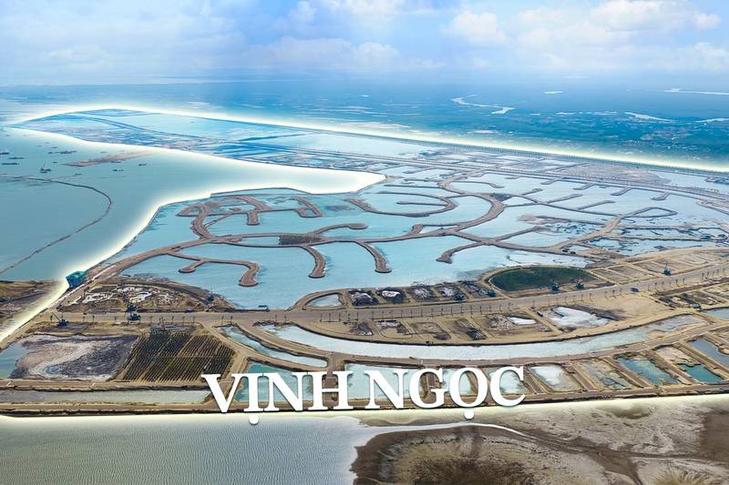 Ảnh flycam thật khu Vịnh Ngọc của Vinhomes Green Paradise đã san lấp thành các nhánh đảo quanh mặt nước