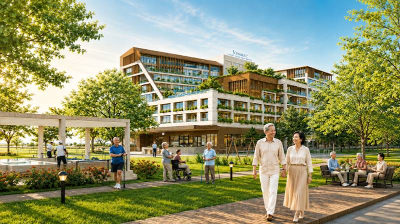 Phối cảnh khu Vin New Horizon ở Vinhomes Green Paradise: cặp vợ chồng lớn tuổi đi dạo trong công viên trước khối nhà dưỡng lão – chăm sóc sức khỏe