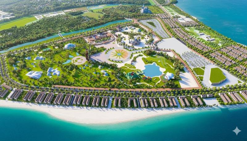 Phối cảnh quần thể vui chơi giải trí VinWonders 122 ha ven biển ở Vinhomes Green Paradise Cần Giờ nhìn từ trên cao