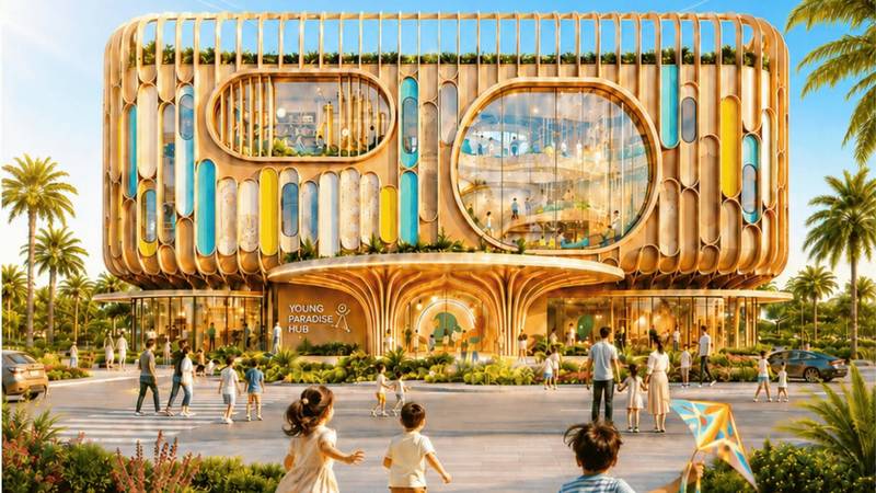 Phối cảnh trung tâm cộng đồng Young Paradise Hub ở Vinhomes Green Paradise, mặt tiền gỗ bo vòm, trẻ em thả diều ở quảng trường