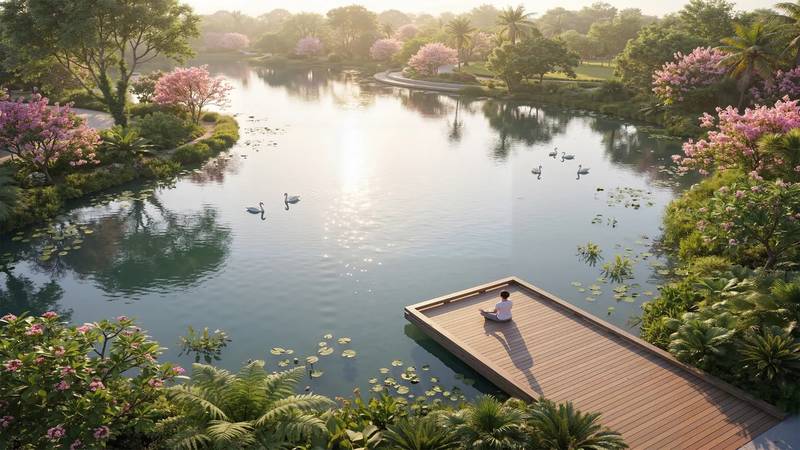 Công viên Bách Thảo Botanica Park tại Vinhomes Saigon Park, có hồ sen, sàn gỗ và thiên nga