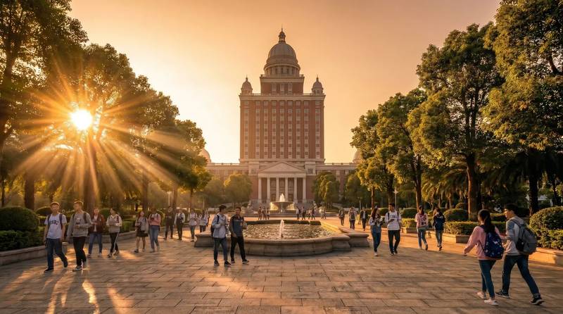 Quảng trường đại học có toà mái vòm, sinh viên đi bộ giữa hàng cây, phối cảnh tại Vinhomes Saigon Park