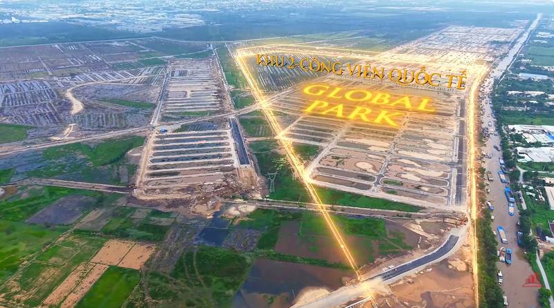 Ảnh flycam phân khu Global Park của Vinhomes Saigon Park tháng 7/2026, đã có đường nội khu và lô nền