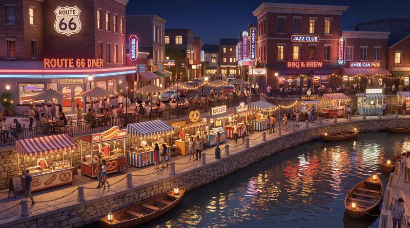 Phố Mỹ về đêm bên kênh trong Global Village, quầy ăn và thuyền, phối cảnh tại Vinhomes Saigon Park