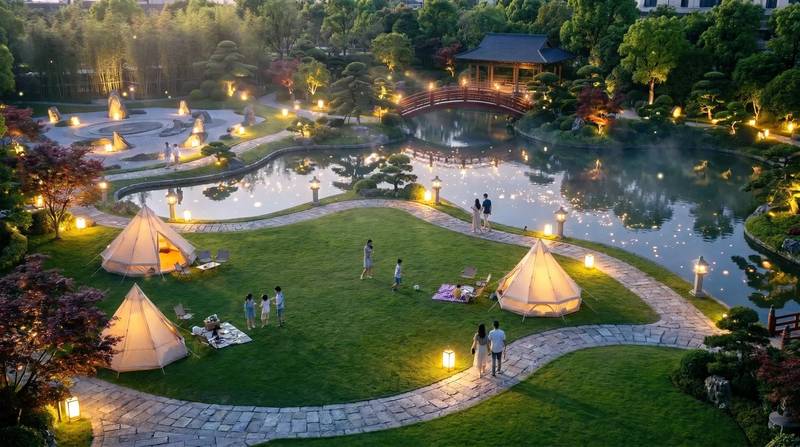 Công viên Nhật Kiyomi Park ở Zen Park, Vinhomes Saigon Park: bãi cỏ cắm trại, đình Nhật bên hồ