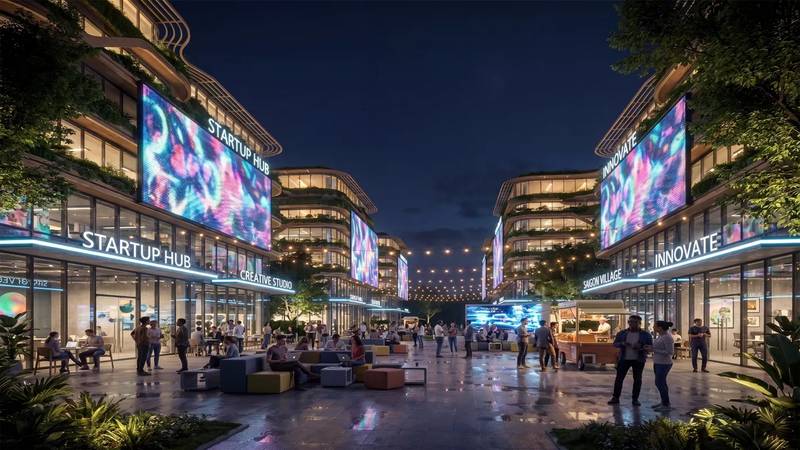 Làng khởi nghiệp Saigon Startup Village về đêm, có màn hình LED, tại Vinhomes Saigon Park