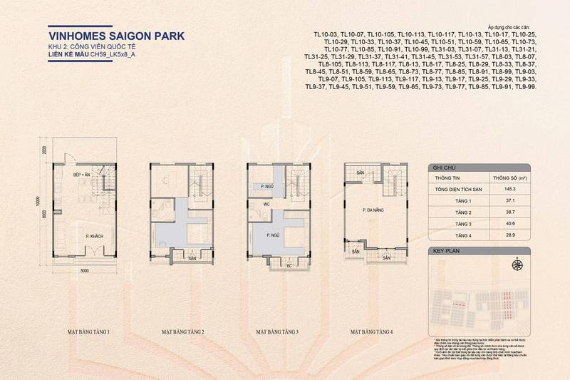 Mặt bằng 4 tầng mẫu nhà liền kề đất 50 m², áp dụng dãy TL10 Global Park, Vinhomes Saigon Park