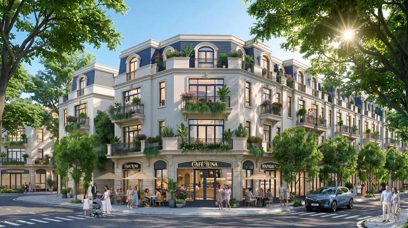 Mẫu nhà liền kề góc kiến trúc Cổ điển, quán café ở tầng trệt, tại Vinhomes Saigon Park