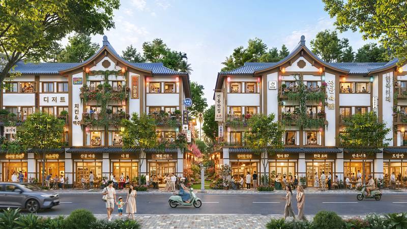 Mẫu nhà liền kề kiến trúc Hàn Quốc, mái ngói xanh đen, cửa hàng ở tầng trệt, tại Vinhomes Saigon Park
