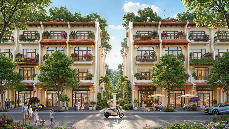 Mẫu nhà liền kề kiến trúc Hội An tông kem, lan can và ô cửa màu nâu đỏ, tại Vinhomes Saigon Park