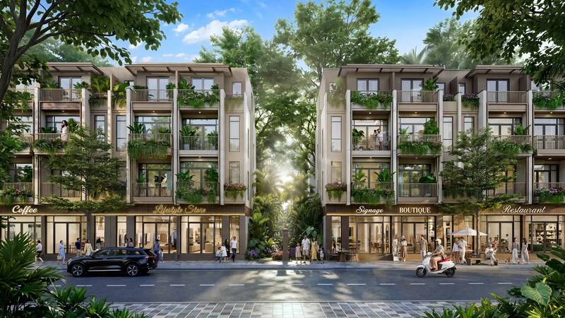 Mẫu nhà liền kề kiến trúc Nhật Bản đương đại, lam gỗ, khối trắng và nâu, tại Vinhomes Saigon Park