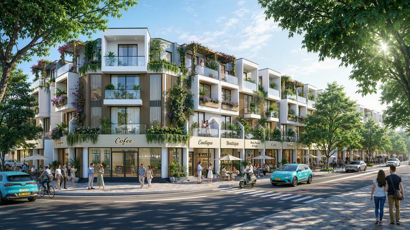 Dãy nhà liền kề hiện đại, ban công hoa, tầng trệt café và cửa hàng tại Vinhomes Saigon Park