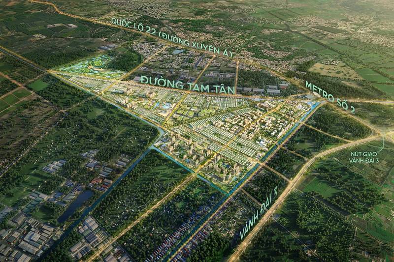 Phối cảnh Vinhomes Saigon Park nhìn từ trên cao, có nhãn Quốc lộ 22, đường Tam Tân, Vành đai 3 và nút giao Vành đai 3