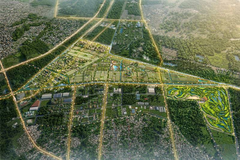 Phối cảnh tổng thể Vinhomes Saigon Park ban ngày nhìn từ trên cao, khu đất hình tam giác giữa các trục đường, sân golf ở góc phải