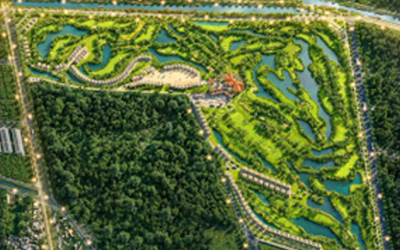 Sân golf trên phối cảnh tổng thể Vinhomes Saigon Park, đường golf xen hồ nước cạnh rừng cây